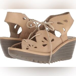Fly London Yote Sandals Lace Up Teardrop Cream Neutral Wedge Heel Leather Sz 37